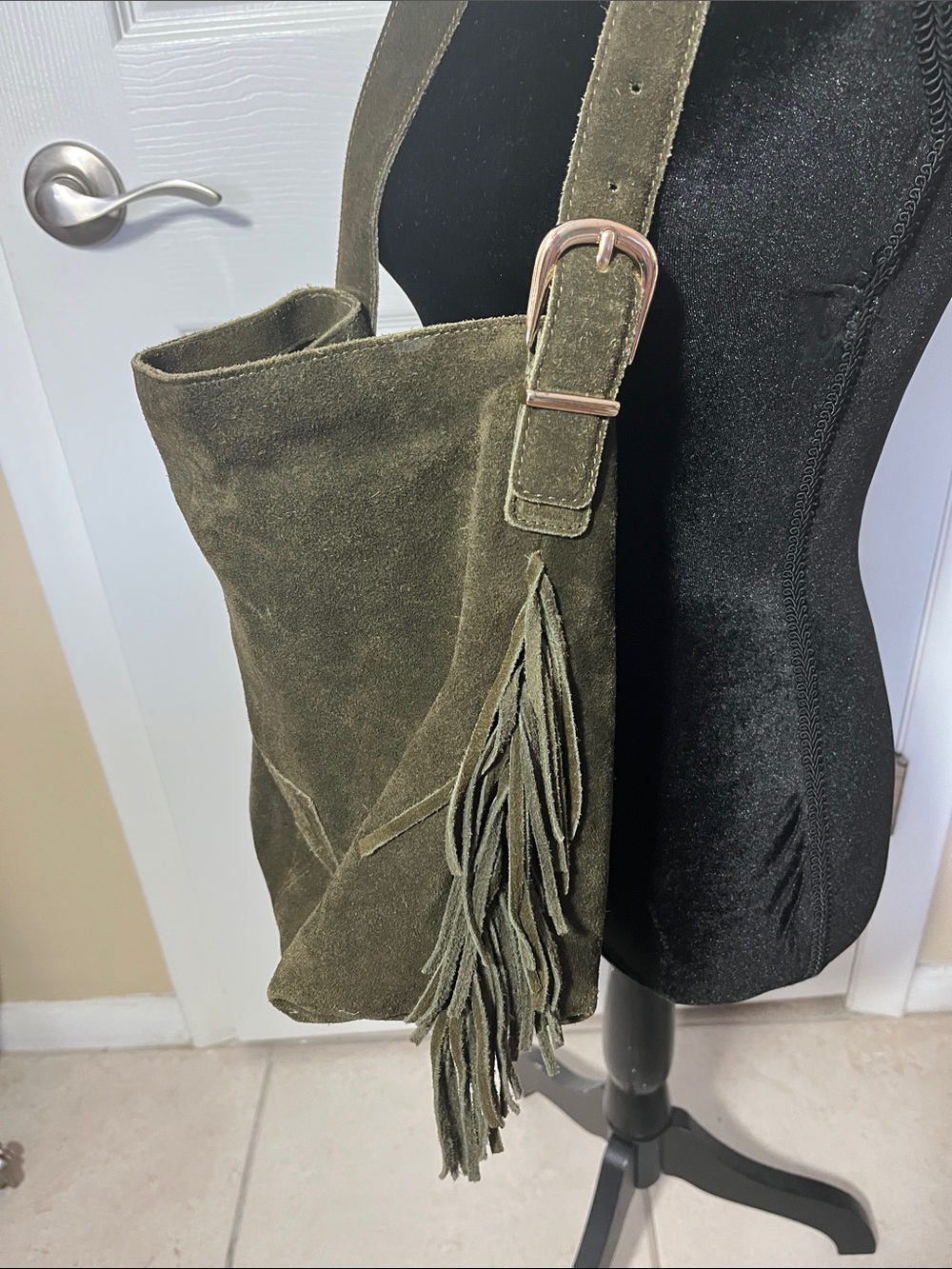 Haute Hippy suede leather bucket hobo purse bag fringe olivegreen shoulder strap - Picture 3 of 11